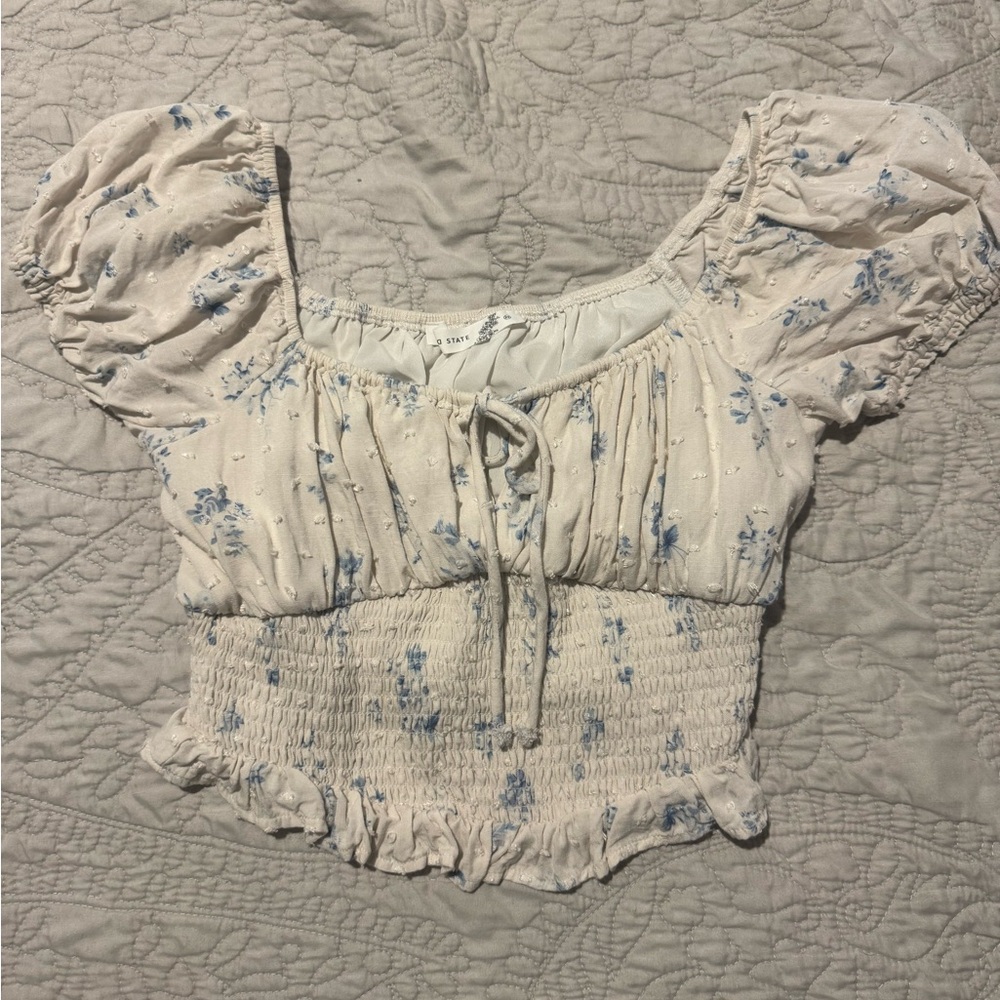 Altar'd State Cream and Blue Smocked Tie Front Crop Top
